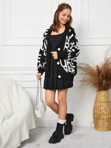SHEIN Cottnline كارديجان نمط عبارة منخفض الاكتاف بنت شباب - أبيض وأسود - مشاهدة 5