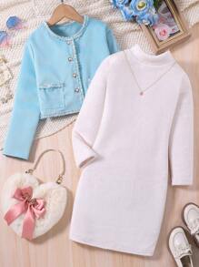 SHEIN 女大童1入組雙口袋夾克&1入組洋裝 - 彩色 - 查看 3
