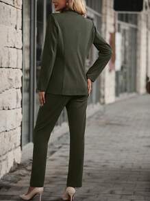 SHEIN Clasi 素色青果領雙排釦西裝外套和褲子 - 軍綠色 - 查看 2