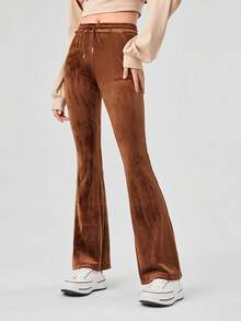 Forever 21 Quý cô Màu thuần Eo dây rút Quần loe , Dài - màu nâu - Xem 3