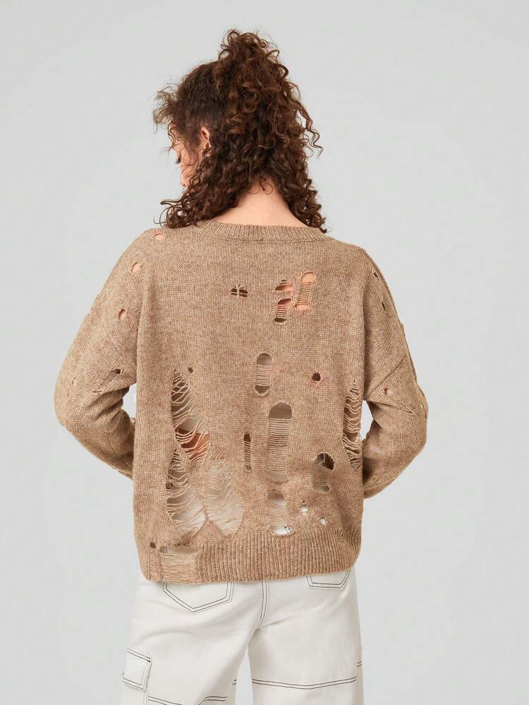 Women'S Distressed Drop Shoulder Sweater With Cutout Details