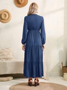 EMERY ROSE Tay áo lồng đèn Chi tiết Nút Xù Hoa Sen Đầm - Màu xanh lam - Xem 2