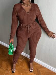 Slaydiva Plus Notch Neck Crop Tee & Leggings - Brown - View 3