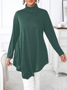 Celure 大碼素色高領不對稱下擺T恤 - 墨綠色 - 查看 5