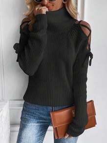 SHEIN Essnce Jersey cuello alto con cordón de manga raglán - Negro - Ver 6