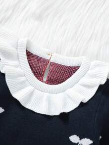 嬰兒女童櫻桃圖案毛衣連體褲,配蕾絲邊緣 - 藏蓝色 - 查看 5