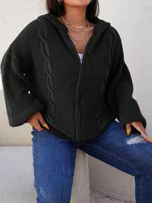 RueChic Plus Solid Drop Shoulder Hooded Cardigan - Black - View 5