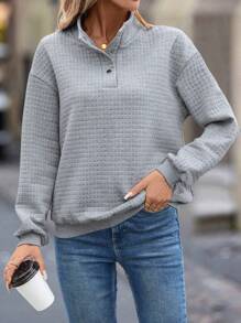 EMERY ROSE 半排扣落肩袖運動衫 - 灰色 - 查看 1