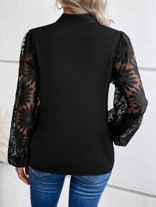 SHEIN Frenchy Contrast Lace Lantern Sleeve Tie Neck Blouse - Black - View 2