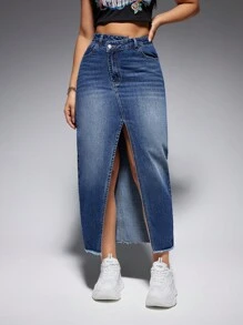 SHEIN EZwear 高腰毛邊牛仔半身裙 - 深色水洗藍 - 查看 4
