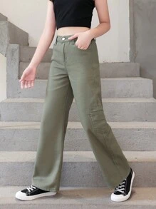 女大童斜口袋側闊腿牛仔褲 - 軍綠色 - 查看 3