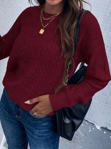 SHEIN LUNE 素色落肩袖套頭毛衣 - 紅色 - 查看 1