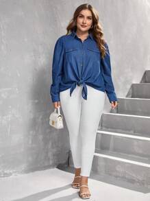 SHEIN LUNE Plus Flap Pocket Knot Hem Denim Shirt - Medium Wash - View 3