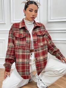 SHEIN Unity Abrigo con estampado de cuadros de hombros caídos con bolsillo con solapa - Rojo - Ver 3