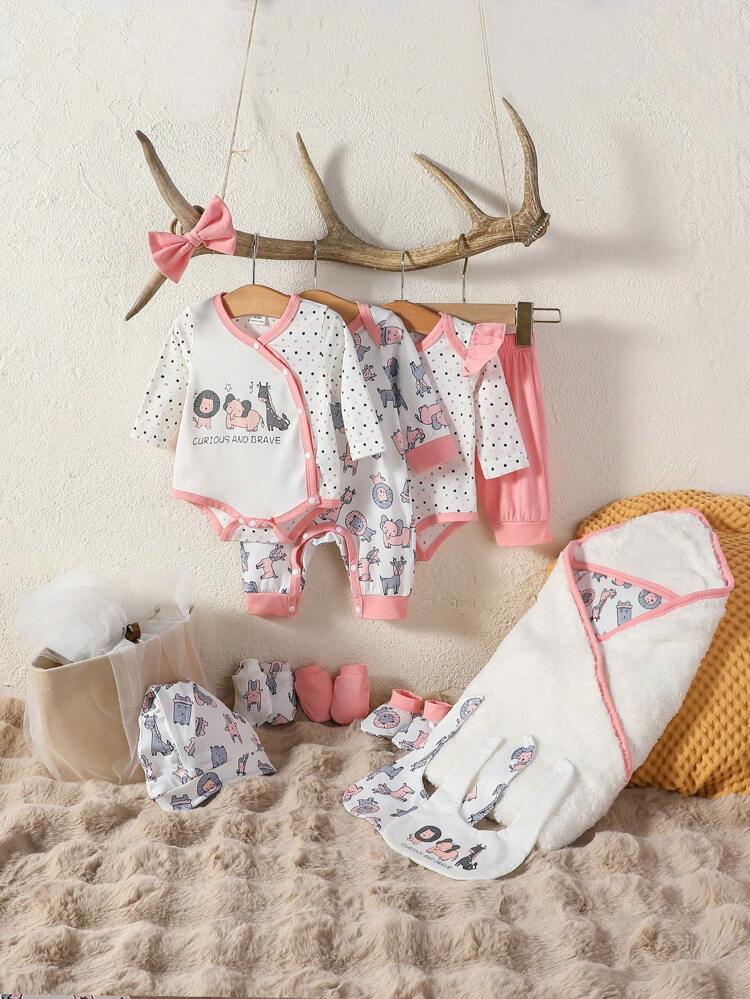 Baby Girl Cartoon Graphic Contrast Binding Bodysuit & Pants & 1pair Gloves & 1pair Socks