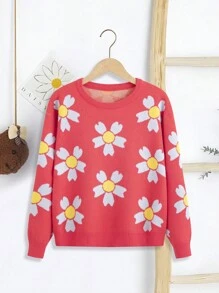 SHEIN Tween Girl Floral Pattern Drop Shoulder Sweater - Watermelon Pink - View 1