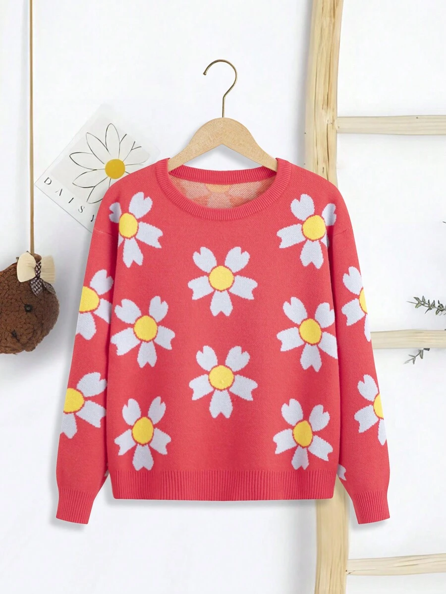 SHEIN Tween Girl Floral Pattern Drop Shoulder Sweater - Watermelon Pink - View 1