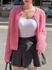 DAZY Chất rắn Tay Raglan Đan mềm mại Áo len Mở - Màu Hồng Tươi - Xem 8