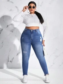 SHEIN EZwear Plus High Waist Ripped Raw Hem Skinny Jeans - Medium Wash - View 3