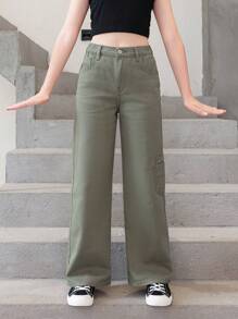 女大童斜口袋側闊腿牛仔褲 - 軍綠色 - 查看 1