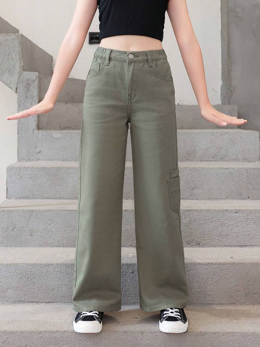 女大童斜口袋側闊腿牛仔褲 - 軍綠色 - 查看 1