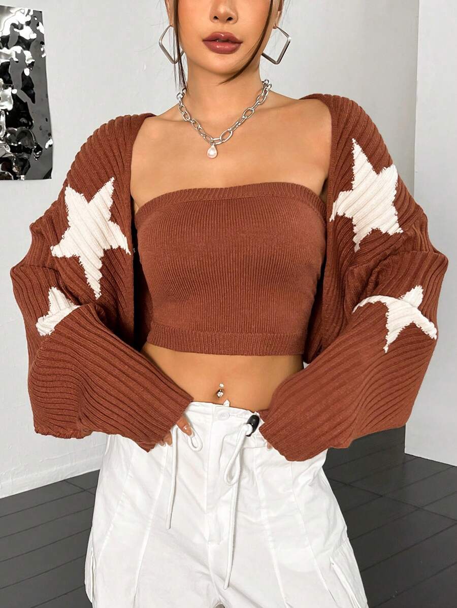 SHEIN Unity Bộ áo len cardigan tay dài họa tiết hoa văn ngũ giác jacquard trễ vai và áo ống ngắn cho nữ - màu nâu - Xem 1