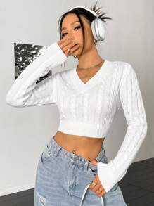 Flirla Solid Cable Knit Crop Sweater,Long Sleeve Tops Knit Pullover Fall Winter Sweater - White - View 4