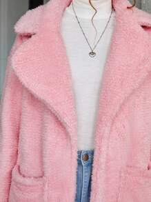 青少年女孩西裝領雙口袋絨毛外套 - 粉色 - 查看 4
