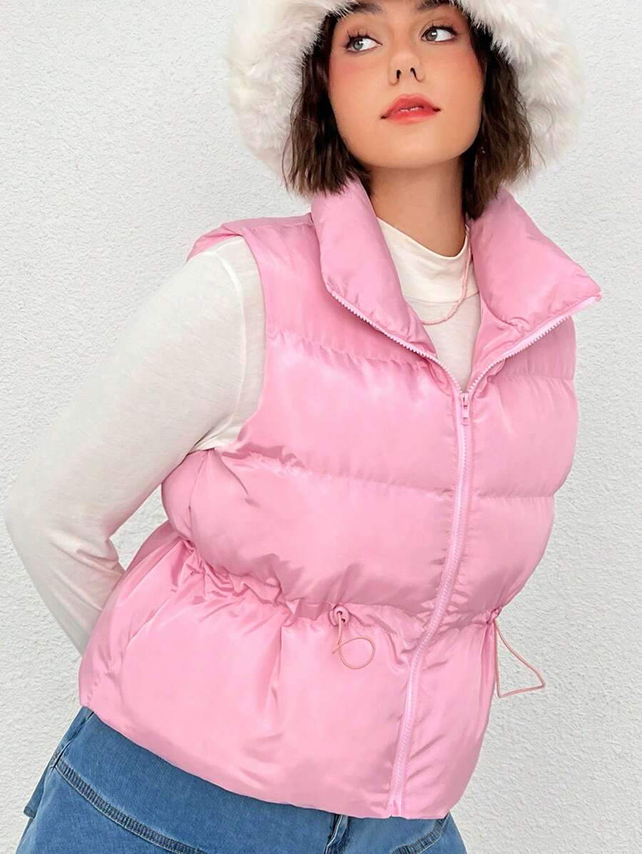 SHEIN EZwear 大碼腰部抽繩拉鏈開襟羽絨背心大衣 - 粉色 - 查看 1
