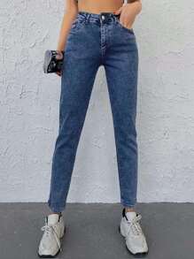 EURMUSE Jeans cónicos unicolor con bolsillo oblicuo - Azul lavado medio - Ver 3