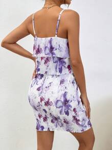 GENKIRA Floral Print Plisse Layered Ruffle Trim Shirred Cami Dress - Multicolor - View 2