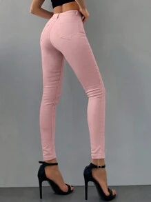 SHEIN Cottnline Women's Solid Slim Fit Jeans - Pink - View 2