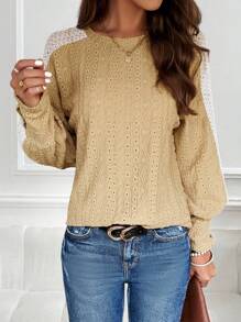 SHEIN LUNE Contrast Lace Raglan Sleeve Eyelet Embroidery Tee