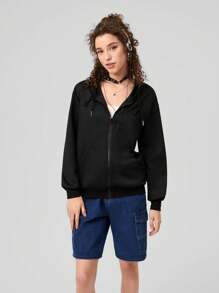 Forever 21 Women's Zipper Front Drawstring Hoodie - Black - View 1