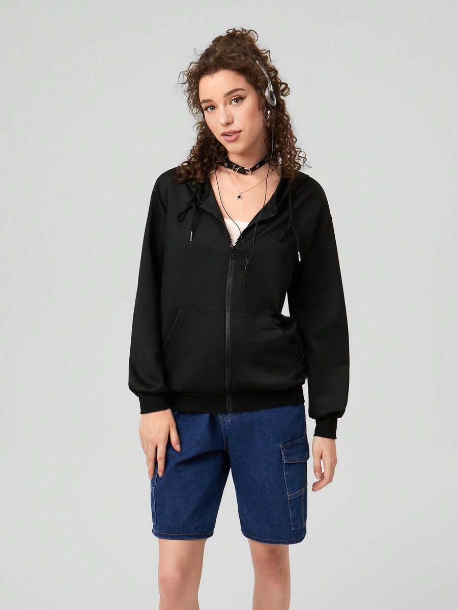 Forever 21 Women's Zipper Front Drawstring Hoodie - Black - View 1