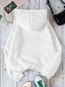SHEIN EZwear Plus Size Slogan Graphic Kangaroo Pocket Drawstring Thermal Lined Sweatshirt - White - View 2