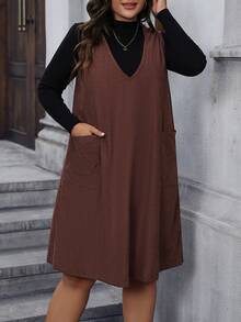 Calvaya Plus 1pc Dual Pocket Hooded Dress Without Sweater - Coffee Brown - View 5