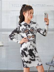 SHEIN 女大童紮染人像圖案連帽洋裝 - 彩色 - 查看 4