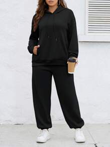 SHEIN Essnce Plus Drop Shoulder Drawstring Hoodie & Sweatpants - Black - View 1