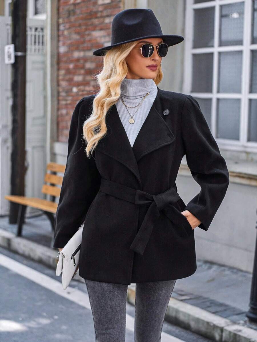 SHEIN LUNE Waterfall Collar Belted Overcoat - Black - View 1