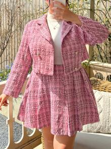 Flirla Plus Plaid Print Double Breasted Jacket & Skirt - Pink - View 4
