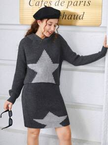 青少年女孩星星圖案落肩袖連帽毛衣和針織裙