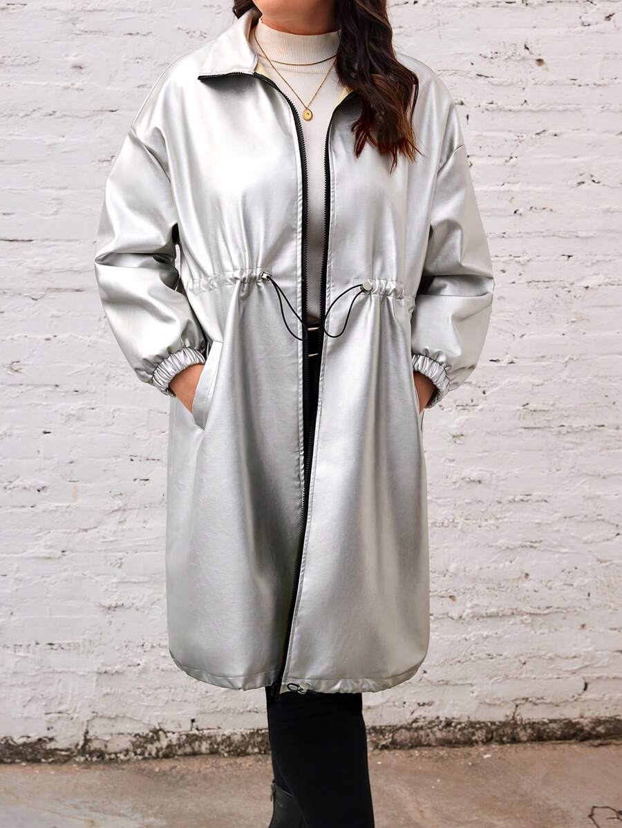 SHEIN LUNE 大碼腰部抽繩拉鏈開襟落肩袖外套 - 銀色 - 查看 1