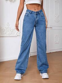 SHEIN Tall Slant Pocket Straight Leg Jeans, Tall Women - Baby Blue - View 4