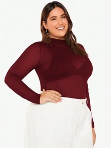 SHEIN BAE Plus Size Solid Mock Neck Mesh Top Without Bra - Burgundy - View 5