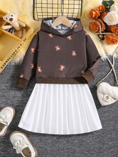 SHEIN Young Girl Bear Print Pleated Hem Hooded Sweatshirt Dress