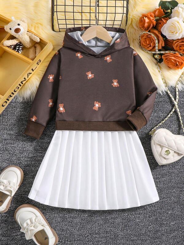 SHEIN Young Girl Bear Print Pleated Hem Hooded Sweatshirt Dress