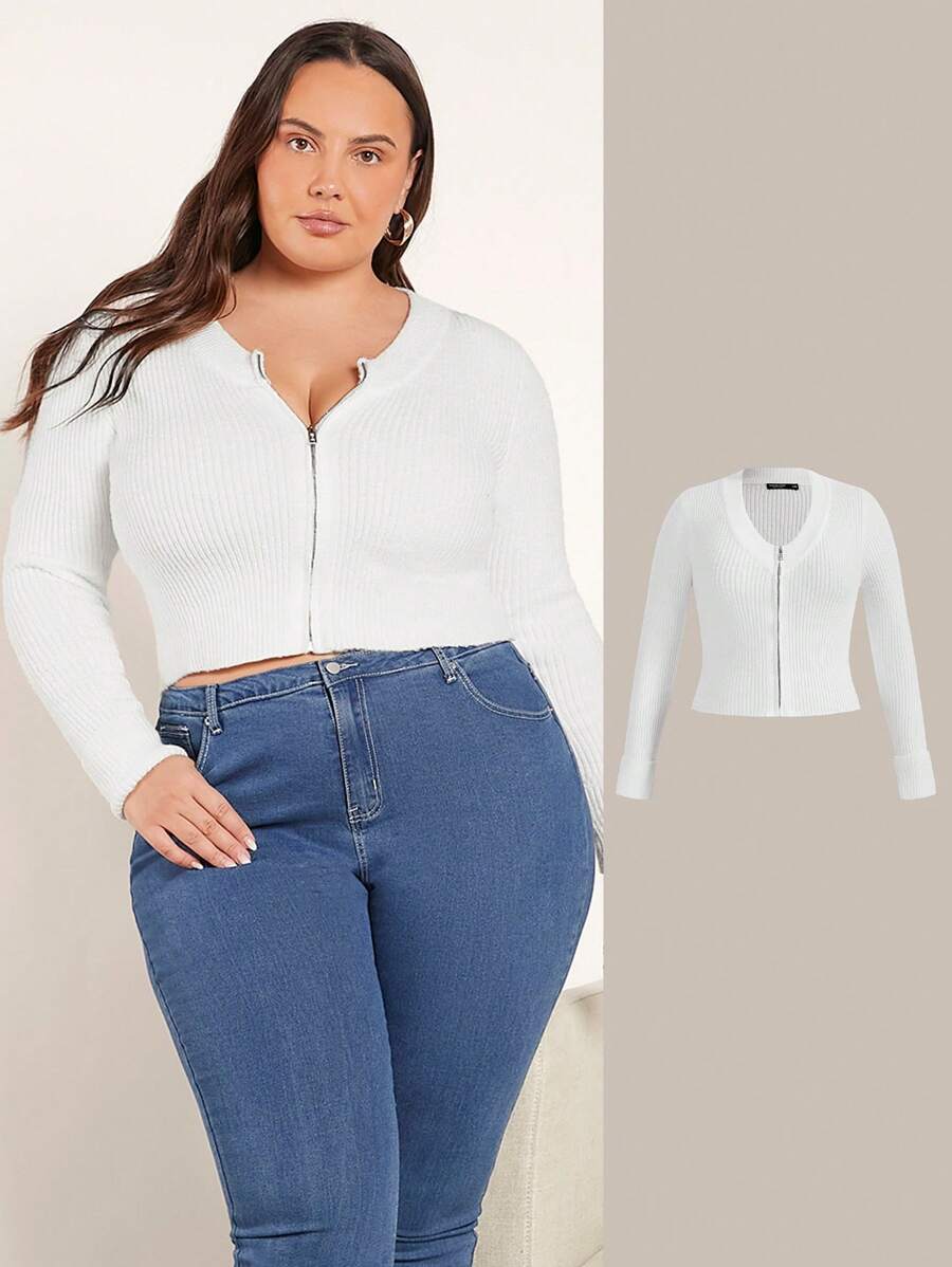 SHEIN BASICS 大碼拉鏈開襟短款開衫 - 白色 - 查看 1