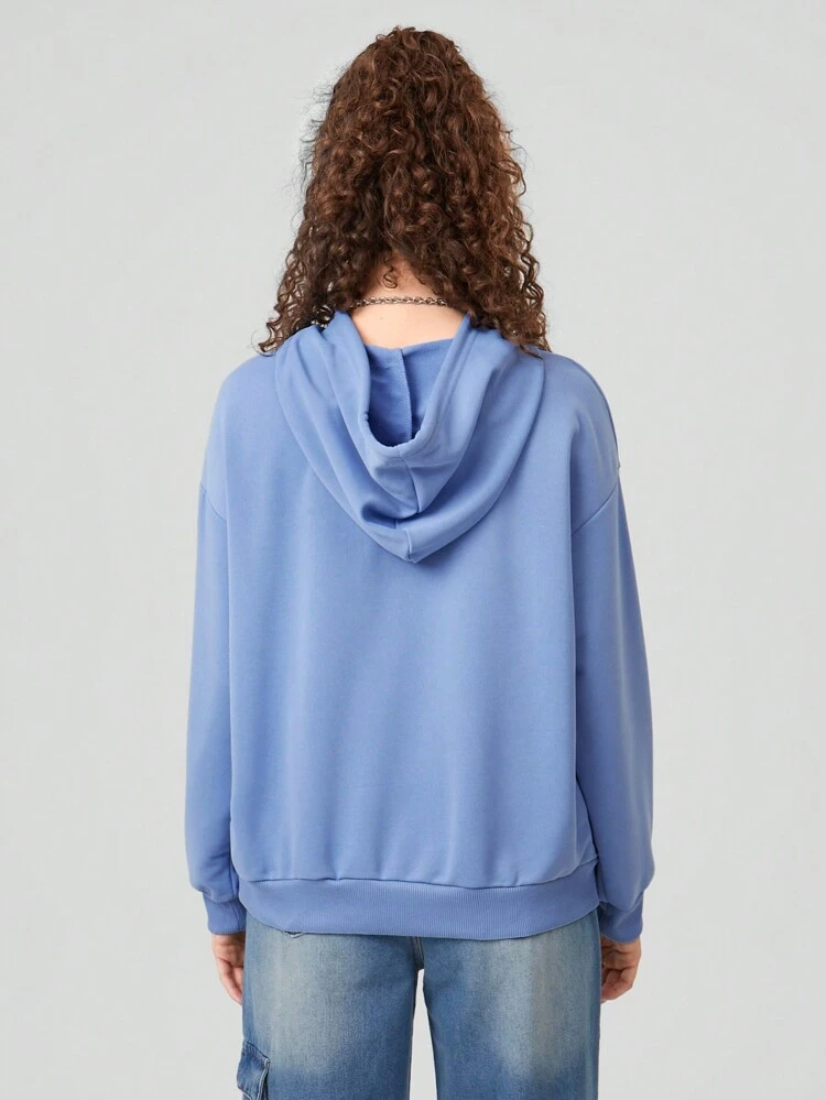 Women's Letter & Plant Pattern Drop Shoulder Drawstring Hoodie