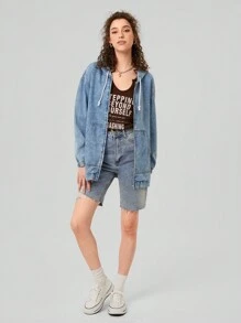 Forever 21 Women's Hooded Denim Jacket With Zipper Closure, Drawstring & Pockets - Blue - View 5